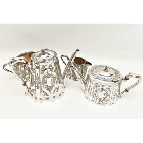 149 - A WHITE METAL FOUR PIECE TEA SET, comprising of a teapot, coffee pot, sugar bowl and milk jug, each ... 