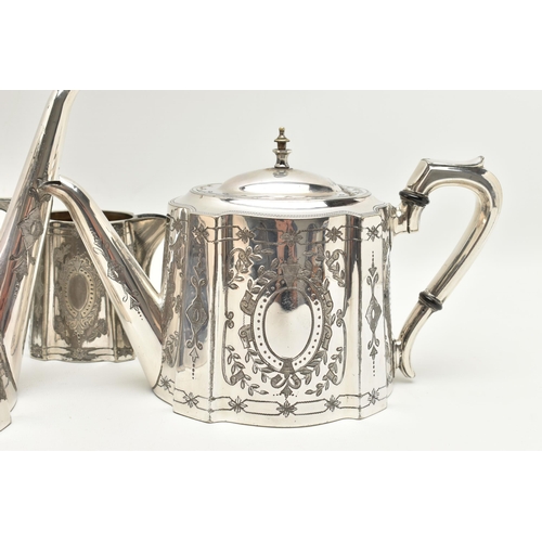 149 - A WHITE METAL FOUR PIECE TEA SET, comprising of a teapot, coffee pot, sugar bowl and milk jug, each ... 