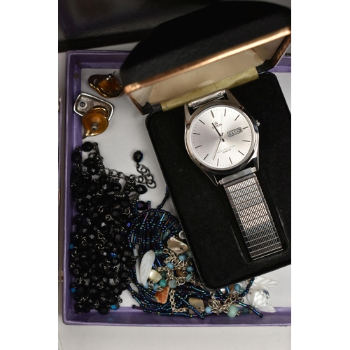 150 - A LARGE STORAGE TIN WITH COSTUME JEWELLERY AND WATCHES, to include an assortment of ladies and gents... 