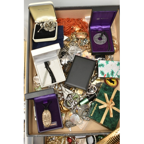 151 - A LARGE BOX OF ASSORTED COSTUME JEWELLERY, to include a 'Swarovski' necklace, assorted necklaces, br... 