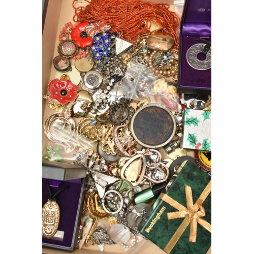 151 - A LARGE BOX OF ASSORTED COSTUME JEWELLERY, to include a 'Swarovski' necklace, assorted necklaces, br... 