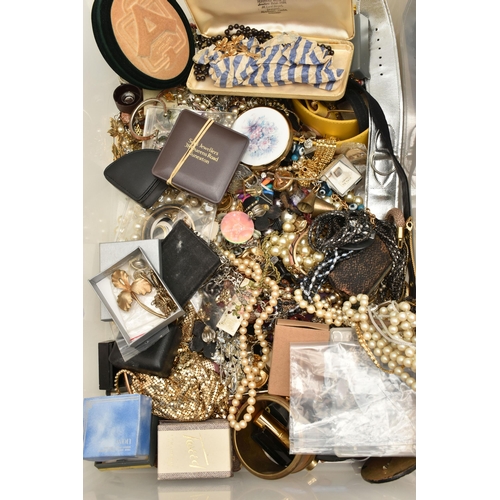 151 - A LARGE BOX OF ASSORTED COSTUME JEWELLERY, to include a 'Swarovski' necklace, assorted necklaces, br... 