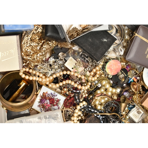 151 - A LARGE BOX OF ASSORTED COSTUME JEWELLERY, to include a 'Swarovski' necklace, assorted necklaces, br... 