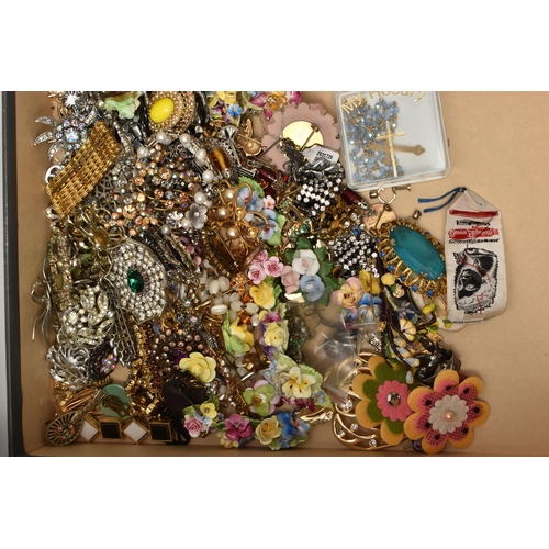 151 - A LARGE BOX OF ASSORTED COSTUME JEWELLERY, to include a 'Swarovski' necklace, assorted necklaces, br... 