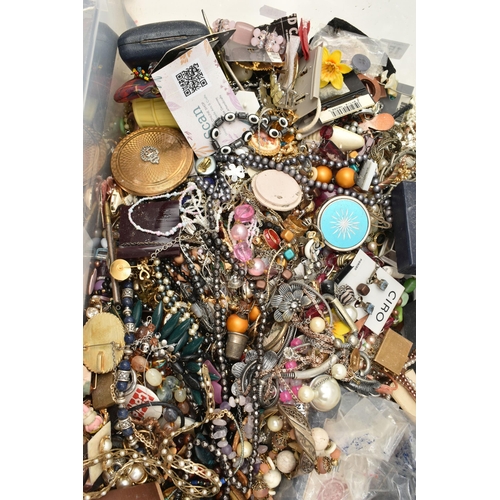 154 - A LARGE ASSORTMENT OF COSTUME JEWELLERY,  large box of assorted jewellery, also including a number o... 