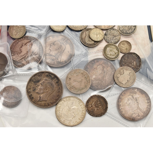 155 - A SMALL CARDBOARD TRAY CONTAINING MIXED COINS ETC, to include 2x good grade Double Florins 188, 2x w... 