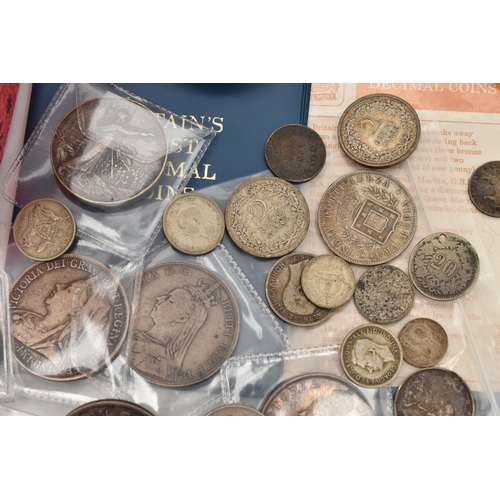 155 - A SMALL CARDBOARD TRAY CONTAINING MIXED COINS ETC, to include 2x good grade Double Florins 188, 2x w... 