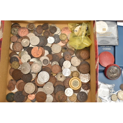 155 - A SMALL CARDBOARD TRAY CONTAINING MIXED COINS ETC, to include 2x good grade Double Florins 188, 2x w... 