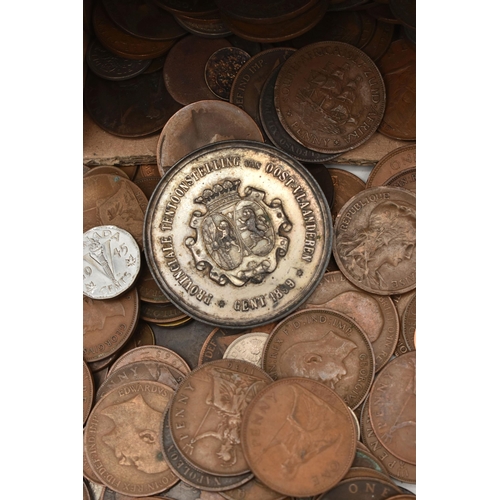 156 - A SMALL CARDBOARD BOX OF MIXED WORLD COINS, with some Silver