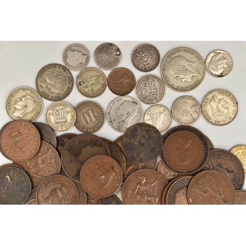 156 - A SMALL CARDBOARD BOX OF MIXED WORLD COINS, with some Silver