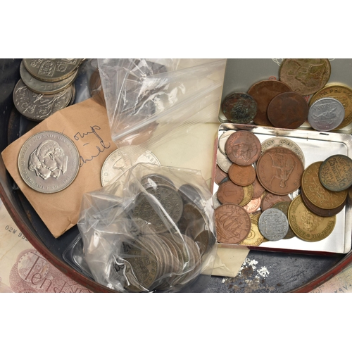 157 - A ROUND TIN CONTAINING MIXED COINS AND COMMEMORATIVES, to include Silver content coins a France 2 Fr... 