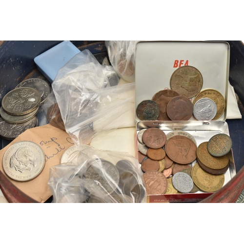 157 - A ROUND TIN CONTAINING MIXED COINS AND COMMEMORATIVES, to include Silver content coins a France 2 Fr... 