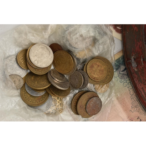 157 - A ROUND TIN CONTAINING MIXED COINS AND COMMEMORATIVES, to include Silver content coins a France 2 Fr... 