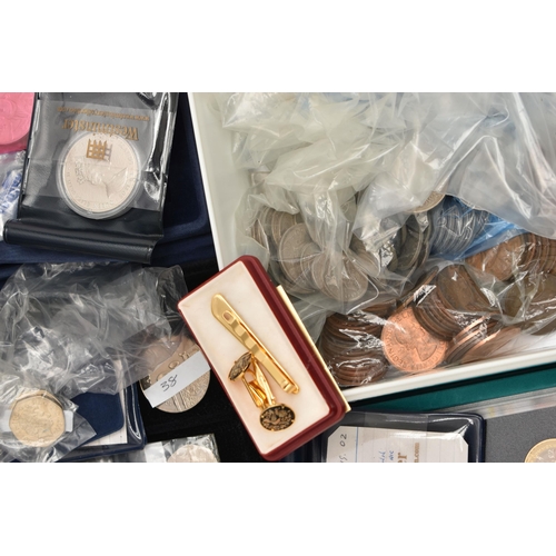 158 - A CARDBOARD BOX OF MIXED COINS AND COMMEMORATIVES, to include 2x BRUNEL 2006 YEAR SETS, a delux 2002... 