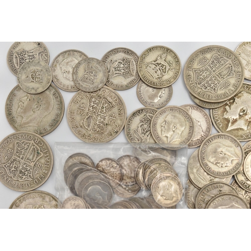 160 - A BAG OF MOSTLY .500 SILVER COINS, over 900 grams, Crown and Half-crowns etc