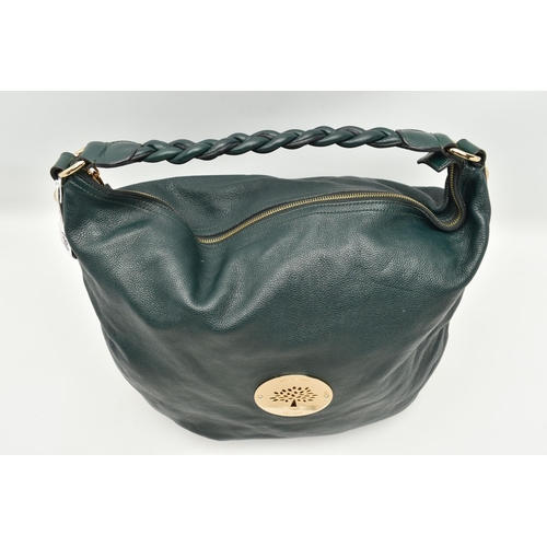 180 - A 'MULBERRY' DARIA HOBO HANDBAG, green leather bag with plaited handle, gold tone hard ware, approxi... 