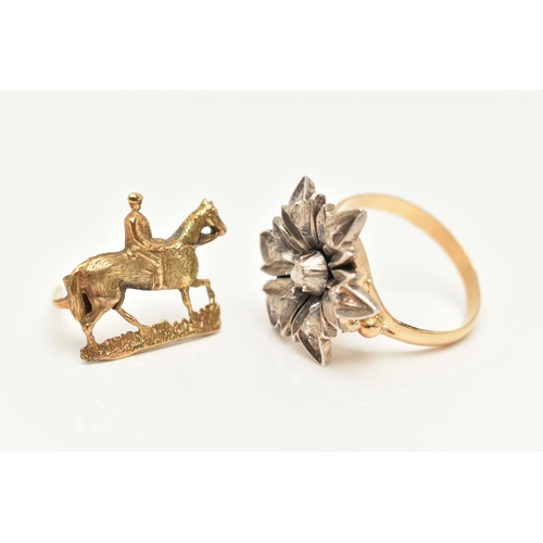 182 - TWO ITEMS OF JEWELLERY, to include a small yellow metal horse with rider brooch, fitted with a brooc... 