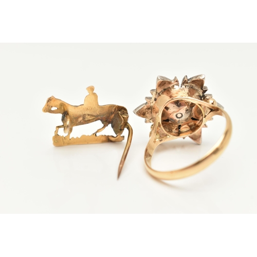 182 - TWO ITEMS OF JEWELLERY, to include a small yellow metal horse with rider brooch, fitted with a brooc... 