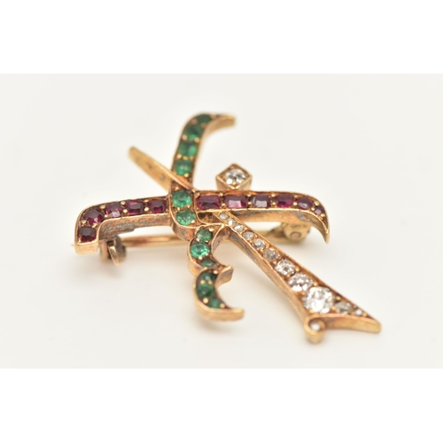 72 - A YELLOW METAL GEM SET ARABIC BROOCH, possibly for the initials 'ASB', set with small circular cut e... 