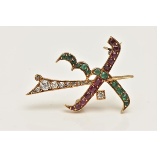 72 - A YELLOW METAL GEM SET ARABIC BROOCH, possibly for the initials 'ASB', set with small circular cut e... 