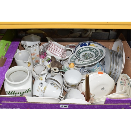 310 - FOUR BOXES OF VINTAGE CERAMICS to include a box of white tea and dinner wares, a quantity of contine... 