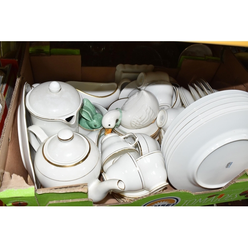 310 - FOUR BOXES OF VINTAGE CERAMICS to include a box of white tea and dinner wares, a quantity of contine... 