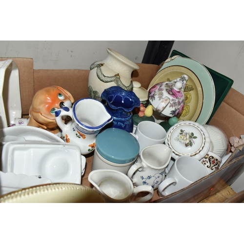 310 - FOUR BOXES OF VINTAGE CERAMICS to include a box of white tea and dinner wares, a quantity of contine... 