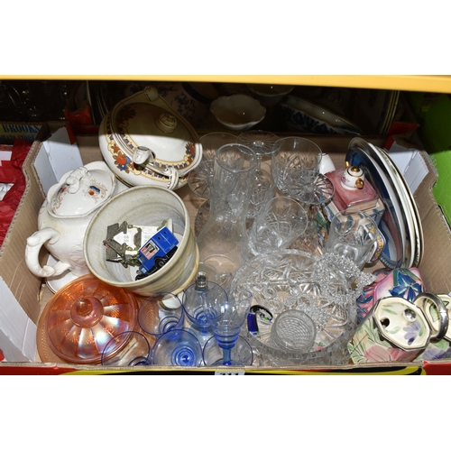 311 - FOUR BOXES OF MIXED CERAMICS AND GLASSWARE to include a box of ceramic thimbles from various UK and ... 