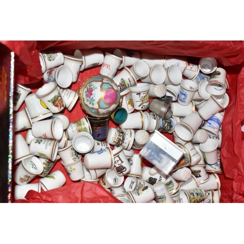 311 - FOUR BOXES OF MIXED CERAMICS AND GLASSWARE to include a box of ceramic thimbles from various UK and ... 