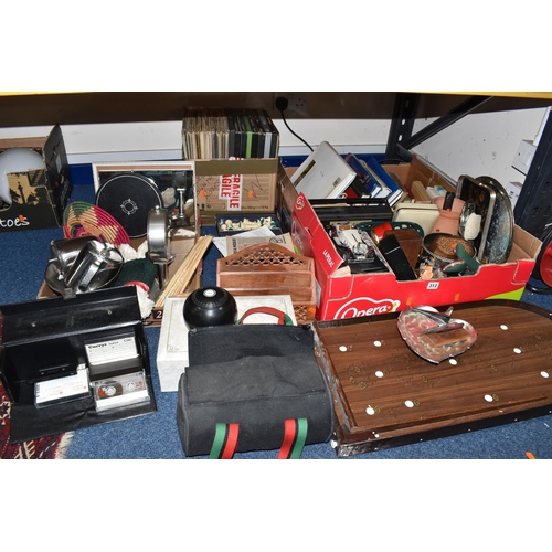 313 - FOUR BOXES AND LOOSE MISC to include a boxed chess set (pieces unchecked), a quantity of plated tray... 