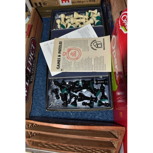 313 - FOUR BOXES AND LOOSE MISC to include a boxed chess set (pieces unchecked), a quantity of plated tray... 