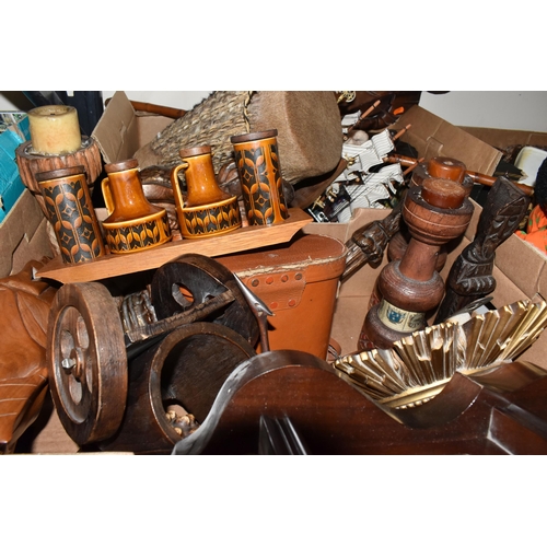 314 - FOUR BOXES AND LOOSE MISC to include an African cowhide drum shaker, a pair of Spanish made wooden c... 