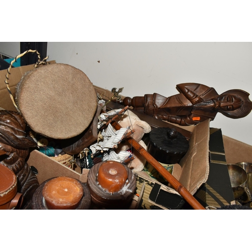 314 - FOUR BOXES AND LOOSE MISC to include an African cowhide drum shaker, a pair of Spanish made wooden c... 