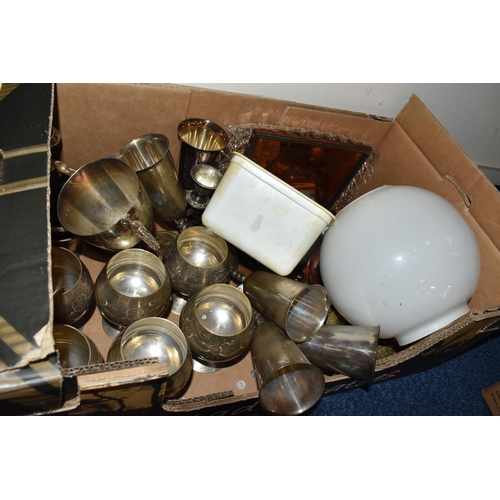 314 - FOUR BOXES AND LOOSE MISC to include an African cowhide drum shaker, a pair of Spanish made wooden c... 