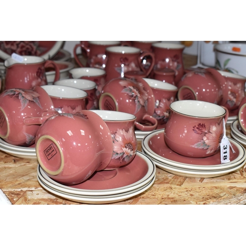 318 - A GROUP OF DENBY 'DAMASK' PATTERN DINNER AND TEAWARE, comprising four dinner plates, four dishes, gr... 