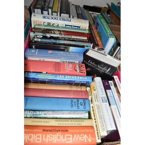 323 - SEVEN BOXES OF BOOKS containing over 240 miscellaneous titles in hardback and paperback formats, a w... 