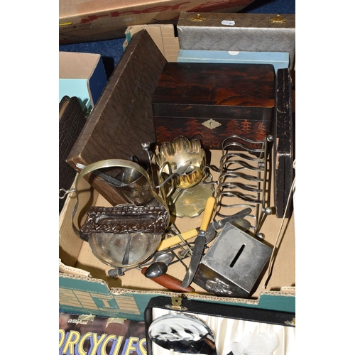 324 - TWO BOXES AND LOOSE MISCELLANEOUS SUNDRIES, to include a silverplate money box decorated with applie... 