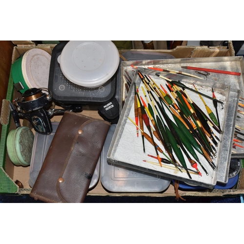 325 - ONE BOX AND LOOSE VINTAGE FISHING RODS AND TACKLE, comprising a large wicker fishing creel, a large ... 