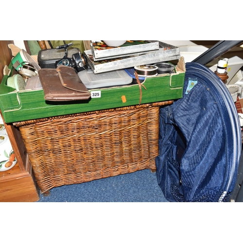 325 - ONE BOX AND LOOSE VINTAGE FISHING RODS AND TACKLE, comprising a large wicker fishing creel, a large ... 