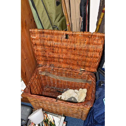 325 - ONE BOX AND LOOSE VINTAGE FISHING RODS AND TACKLE, comprising a large wicker fishing creel, a large ... 