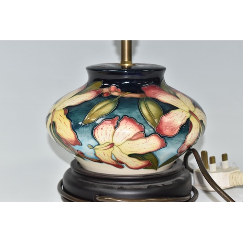 332 - A MOORCROFT POTTERY 'SILK FLOWER' TABLE LAMP, possibly a trial piece, by Anji Davenport, of squat fo... 