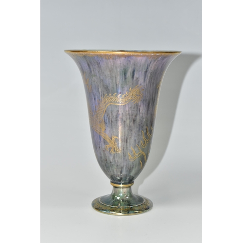 335 - A WEDGWOOD BONE CHINA LUSTRE VASE, of bell form, mottled purple and green lustre glaze to the exteri... 