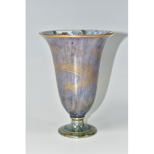 335 - A WEDGWOOD BONE CHINA LUSTRE VASE, of bell form, mottled purple and green lustre glaze to the exteri... 