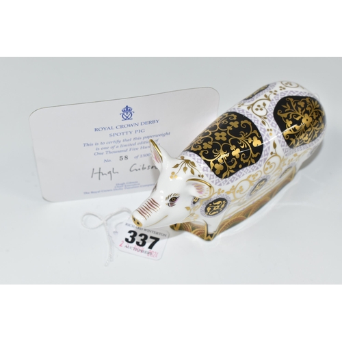 337 - A LIMITED EDITION ROYAL CROWN DERBY 'SPOTTY PIG' PAPERWEIGHT, with certificate numbered 58/1500, a R... 