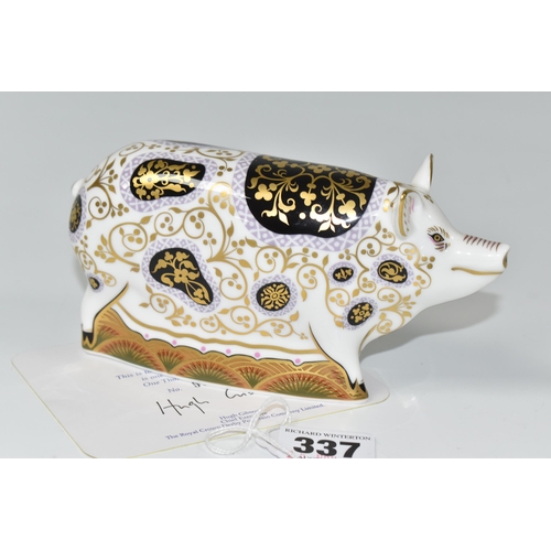 337 - A LIMITED EDITION ROYAL CROWN DERBY 'SPOTTY PIG' PAPERWEIGHT, with certificate numbered 58/1500, a R... 