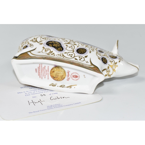 337 - A LIMITED EDITION ROYAL CROWN DERBY 'SPOTTY PIG' PAPERWEIGHT, with certificate numbered 58/1500, a R... 