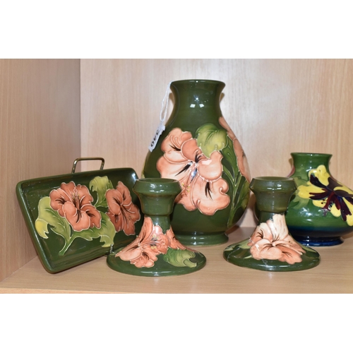 340 - A GROUP OF MOORCROFT POTTERY, five pieces in Coral Hibiscus and Hibiscus patterns, comprising Coral ... 