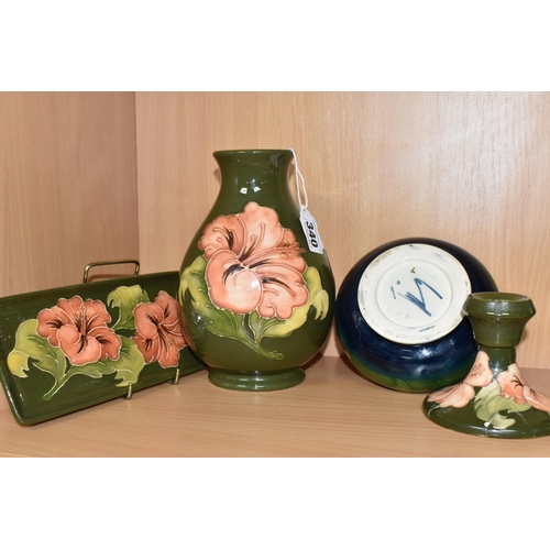 340 - A GROUP OF MOORCROFT POTTERY, five pieces in Coral Hibiscus and Hibiscus patterns, comprising Coral ... 