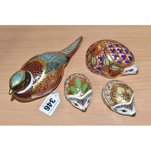 346 - FOUR ROYAL CROWN DERBY PAPERWEIGHTS, comprising Woodland Pheasant (tiny chip on end of beak), Orchar... 