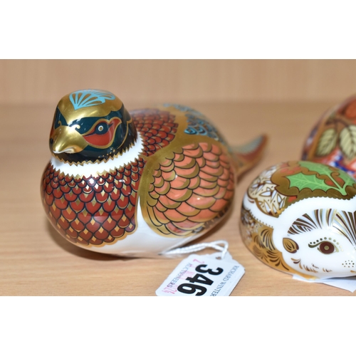 346 - FOUR ROYAL CROWN DERBY PAPERWEIGHTS, comprising Woodland Pheasant (tiny chip on end of beak), Orchar... 